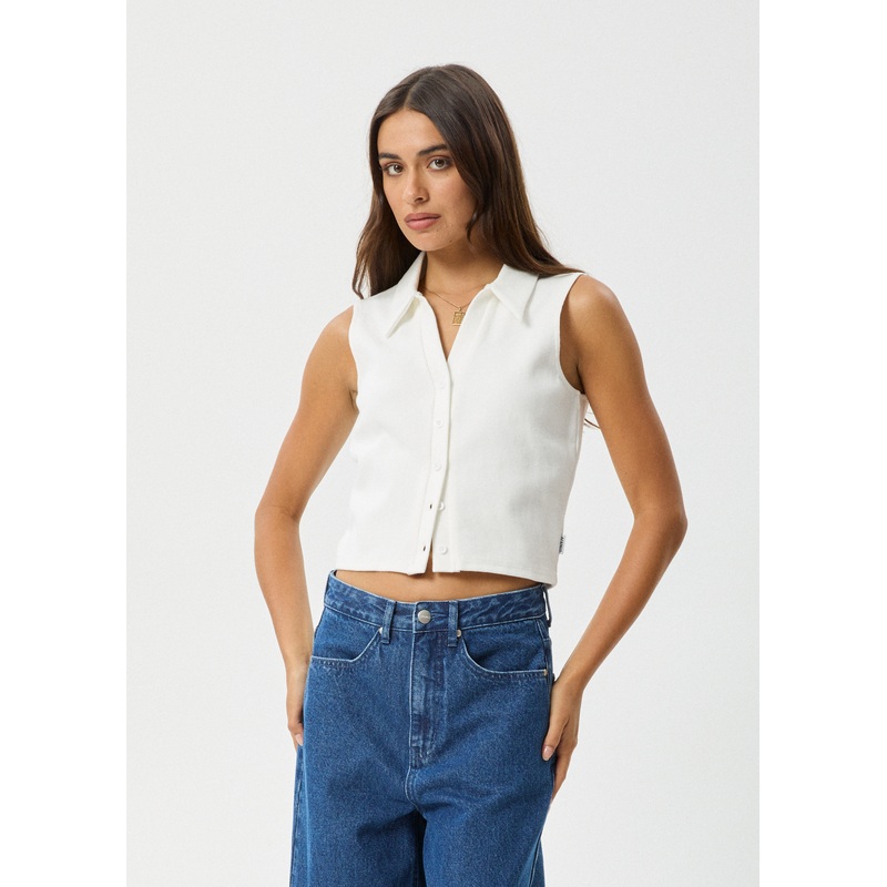 AFENDS Womens Eliza – Rib Sleeveless Shirt – White
