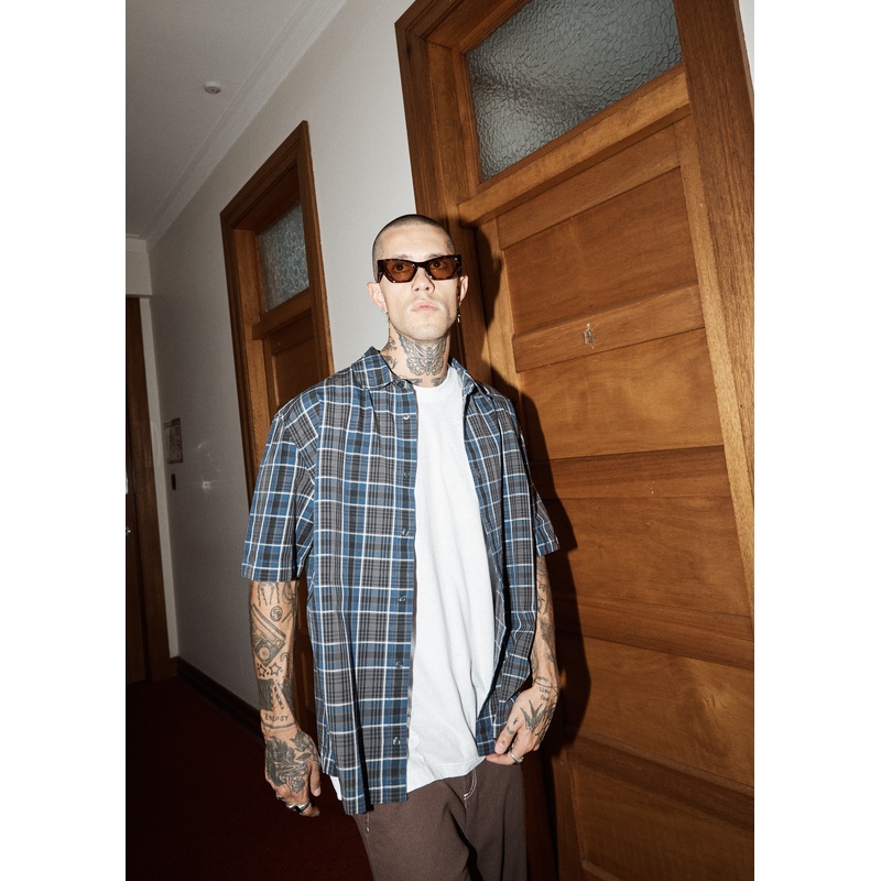 AFENDS Mens Check Out – Short Sleeve Shirt – Navy Check