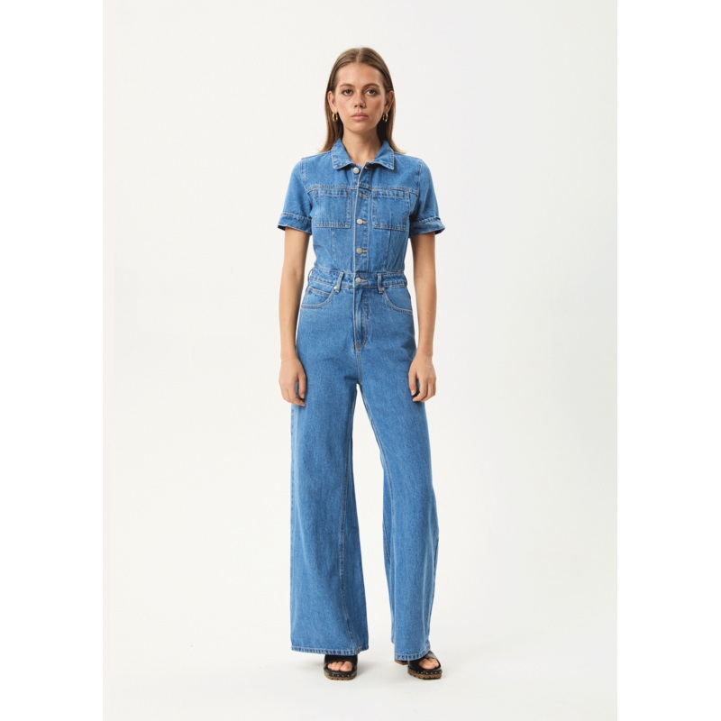 AFENDS Womens Miami – Denim Flared Jumpsuit – Worn Blue