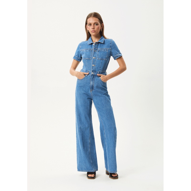 AFENDS Womens Miami – Denim Flared Jumpsuit – Worn Blue