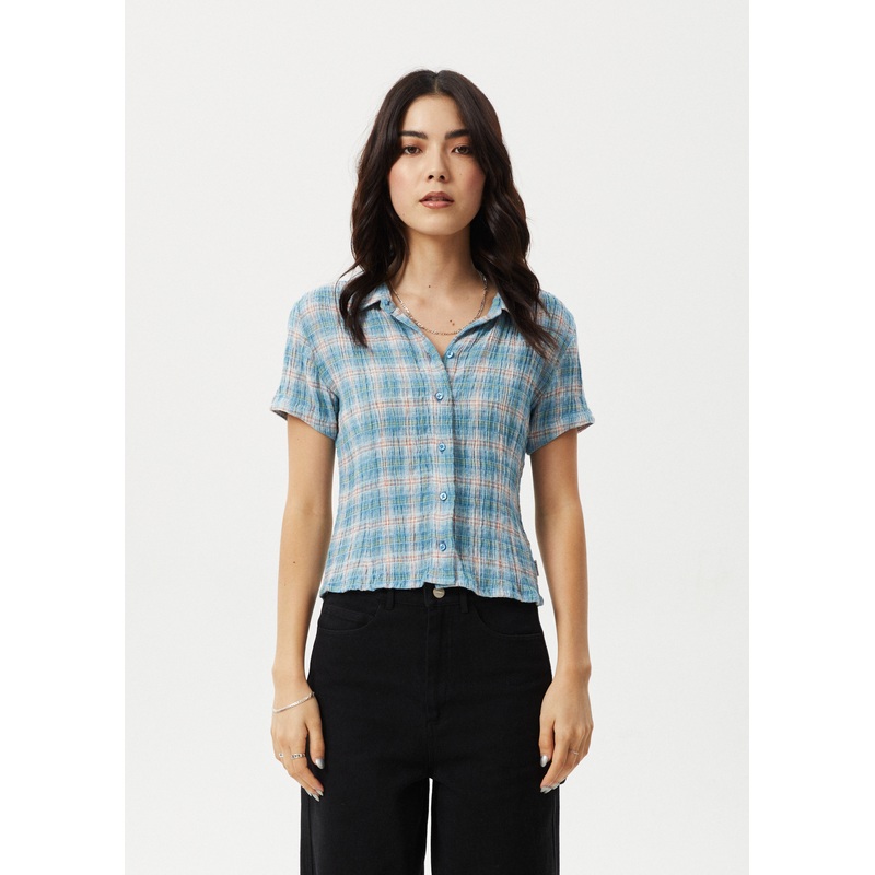AFENDS Womens Position – Seersucker Short Sleeve Shirt – Lake Check