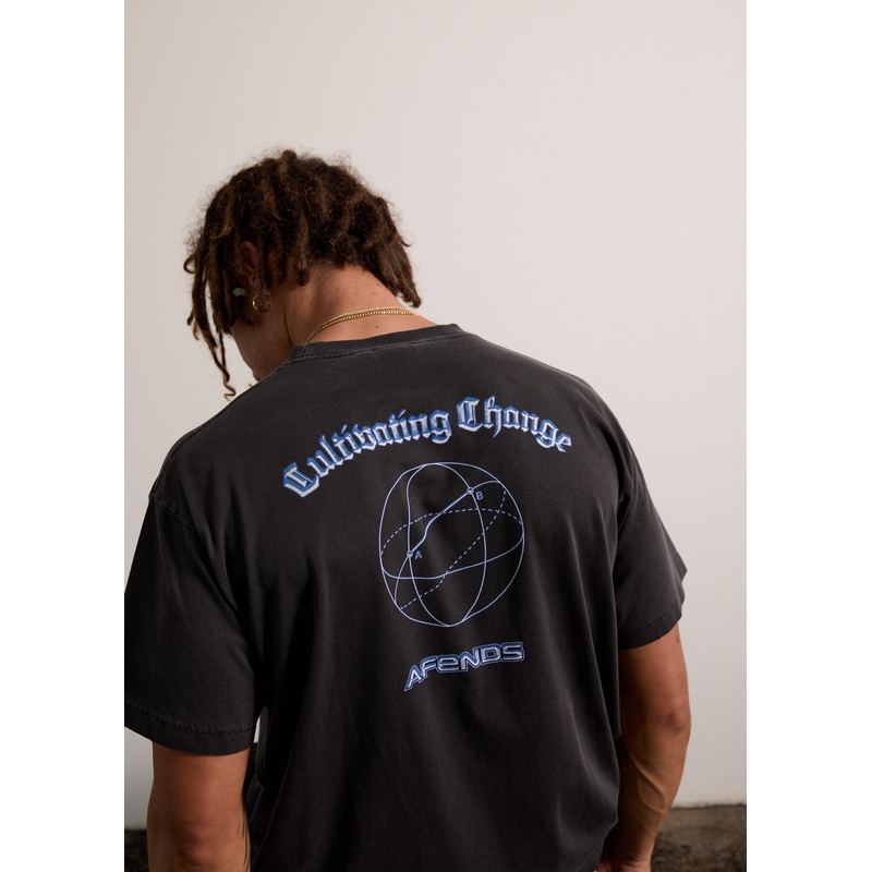 AFENDS Mens Globalisation – Boxy Tee – Stone Black