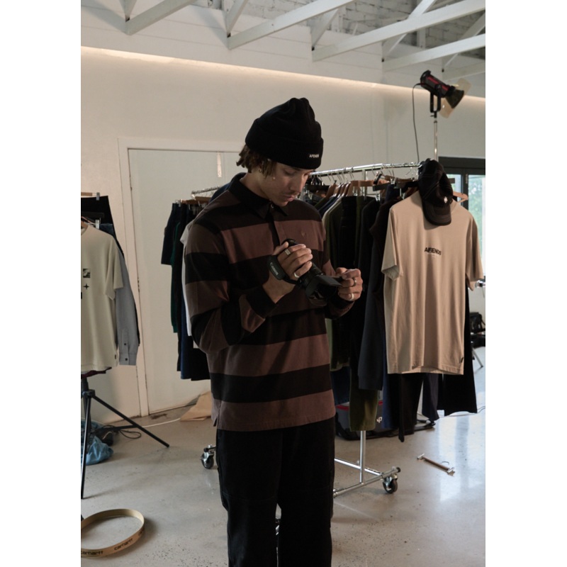 AFENDS Mens Nation – Polo Long Sleeve Tee – Coffee Stripe