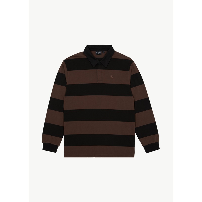 AFENDS Mens Nation – Polo Long Sleeve Tee – Coffee Stripe