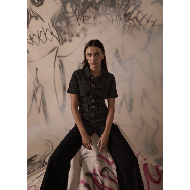 AFENDS Womens Estrella – Denim Flared Jumpsuit – Black