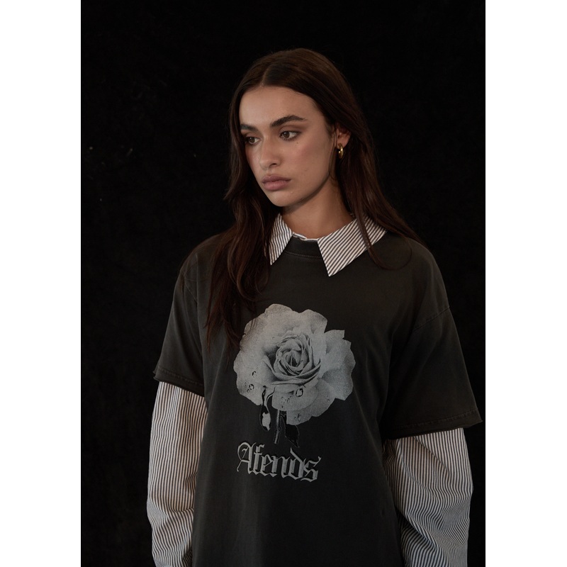 AFENDS Womens Sweet Juliet – Oversized Tee – Stone Black