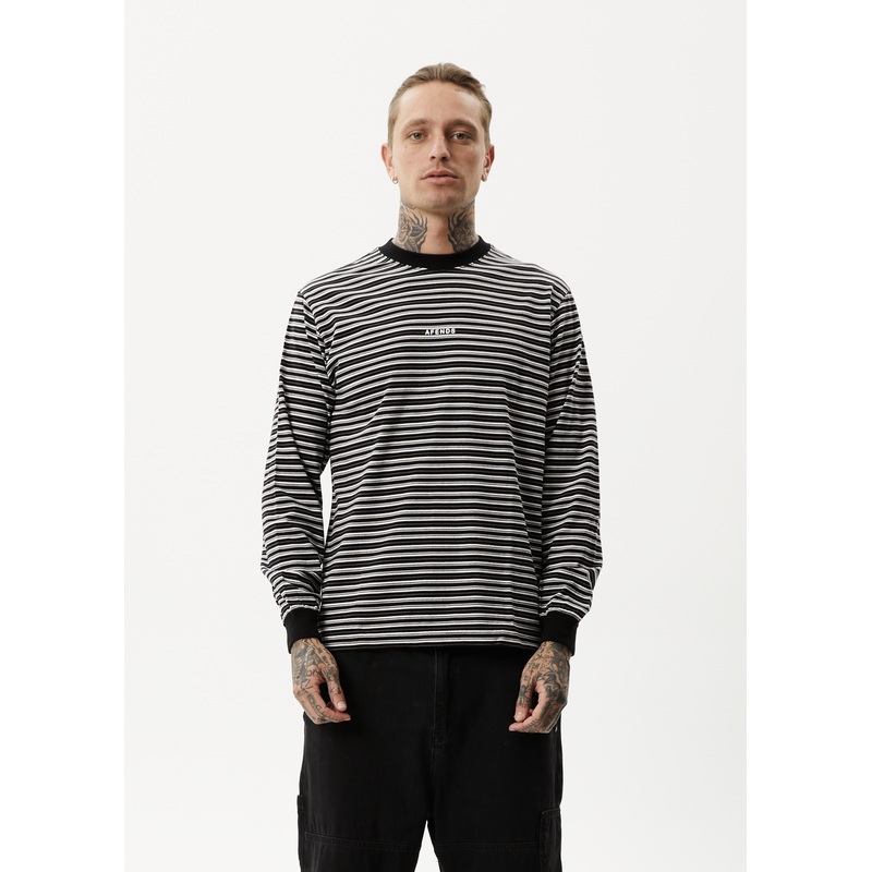 AFENDS Mens Ender – Striped Long Sleeve Tee – White