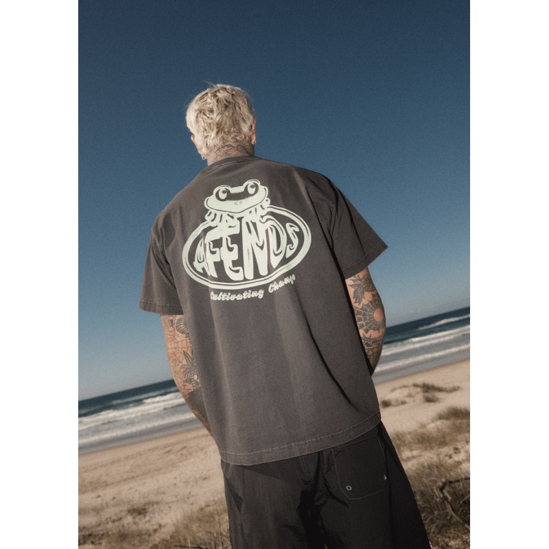 AFENDS Mens Frogga – Heavy Boxy Tee – Stone Black