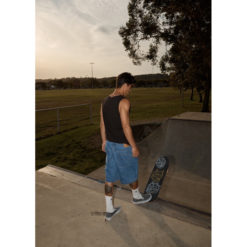 AFENDS Mens Lil C – Denim Baggy Short 22 – Worn Blue