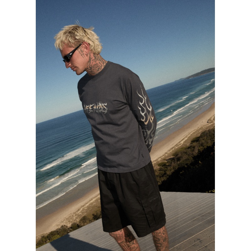 AFENDS Mens Scorched – Long Sleeve Tee – Charcoal