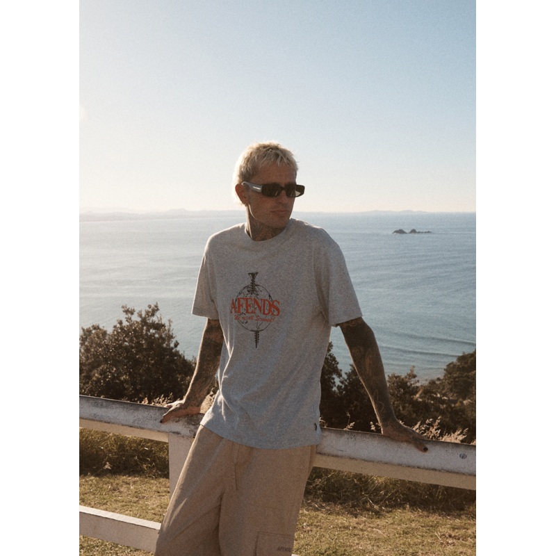 AFENDS Mens Screwed – Retro Tee – Shadow Grey Marle