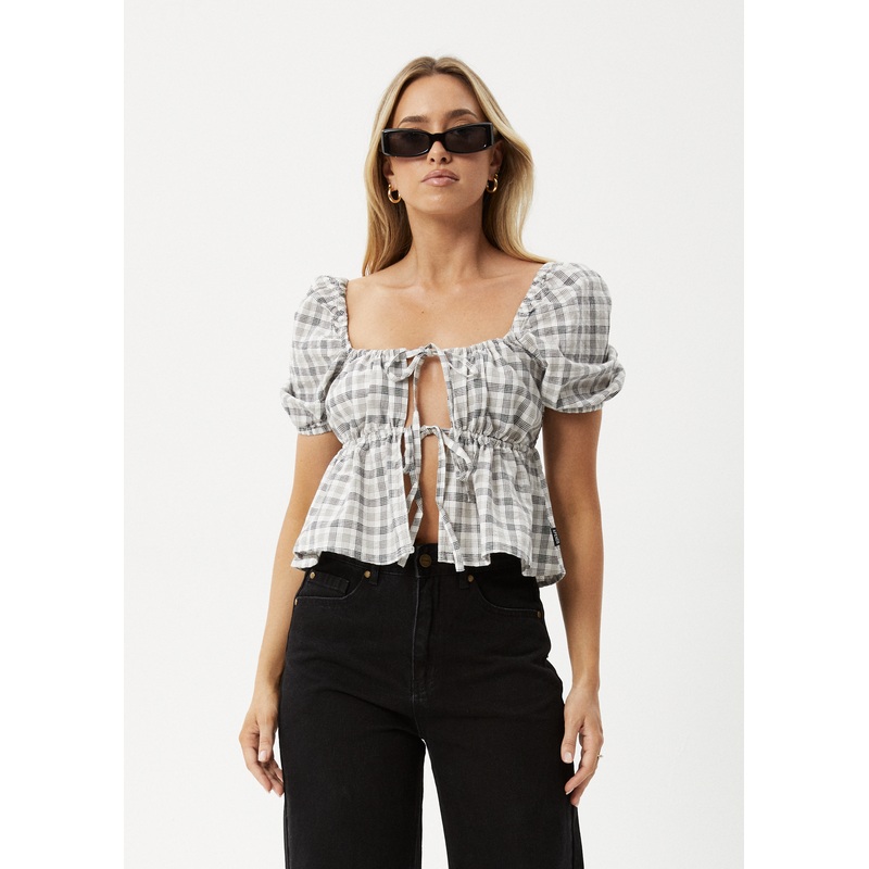 AFENDS Womens Leo –  Seersucker Tie Front Top – Black / White