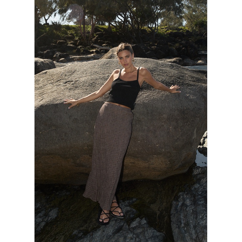 AFENDS Womens Hometown – Seersucker Maxi Skirt – Coffee