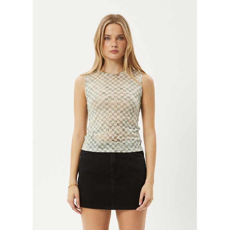 AFENDS Womens Glasshouse – Sheer Tank – Sand Checker