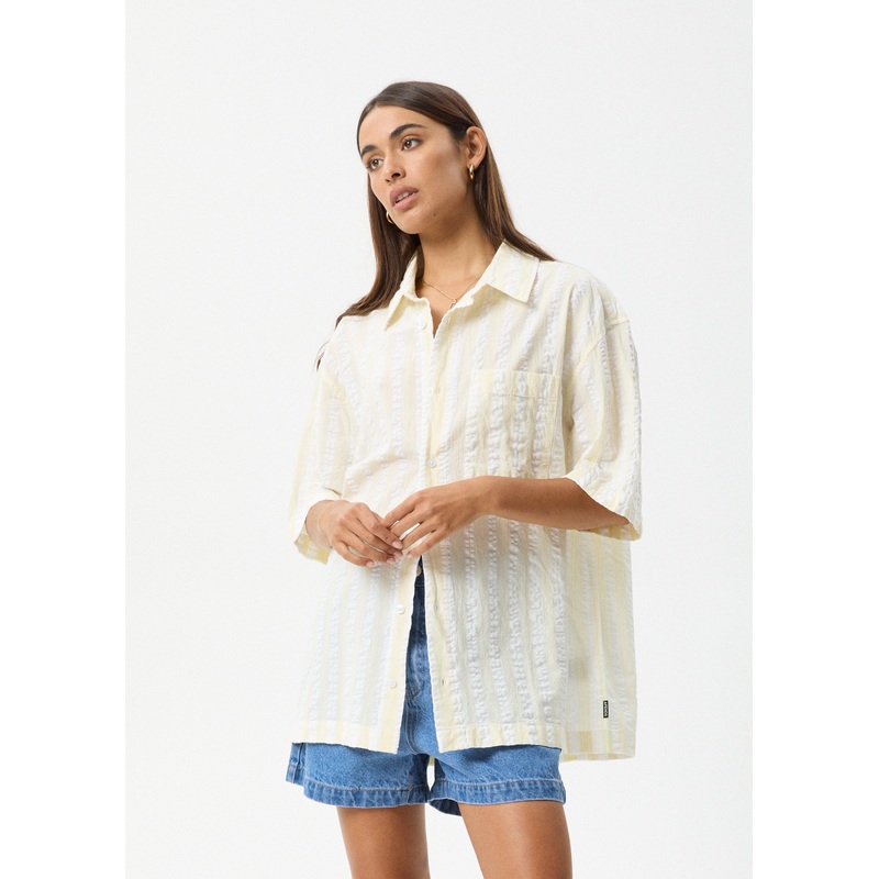 AFENDS Womens Splice – Short Sleeve Shirt – White / Lemongrass