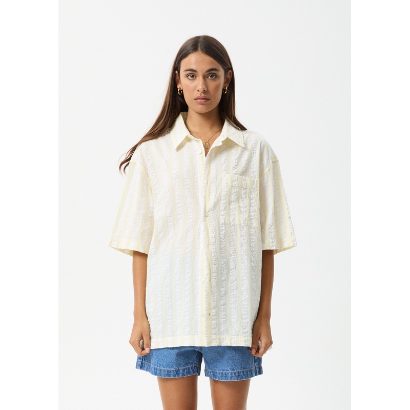 AFENDS Womens Splice – Short Sleeve Shirt – White / Lemongrass