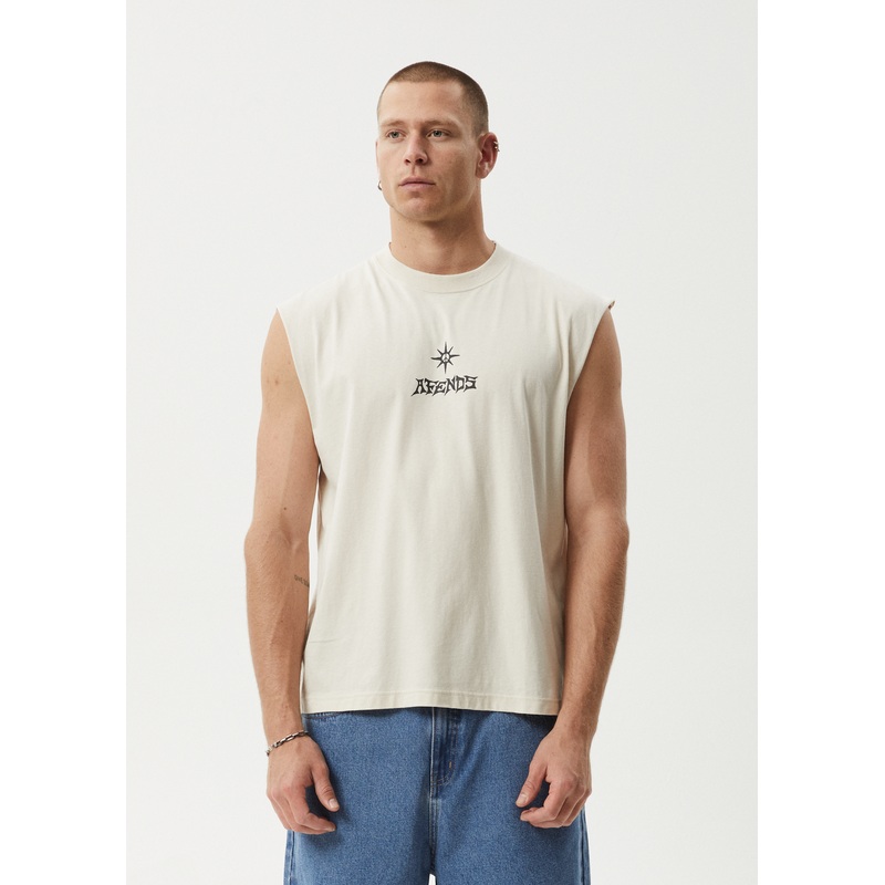 AFENDS Mens Peace Out – Sleeveless Tee – Moonbeam