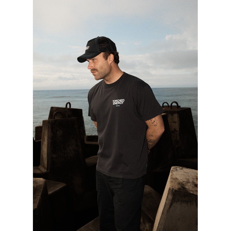 AFENDS Mens Torched Energy – Boxy Tee – Stone Black