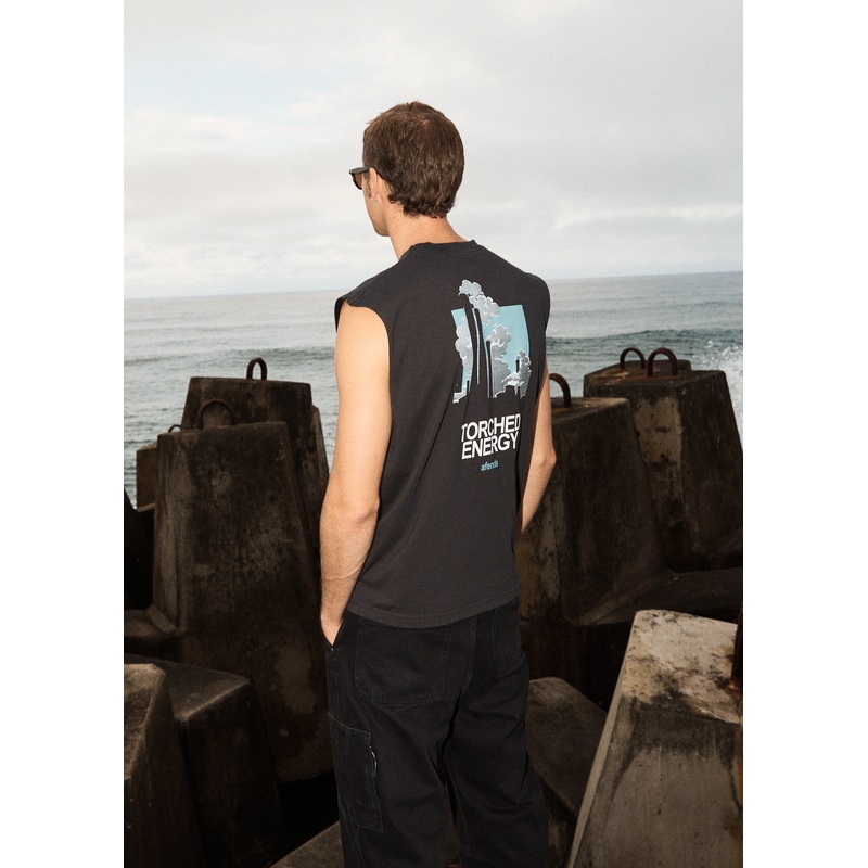 AFENDS Mens Torched Energy – Sleeveless Tee – Stone Black