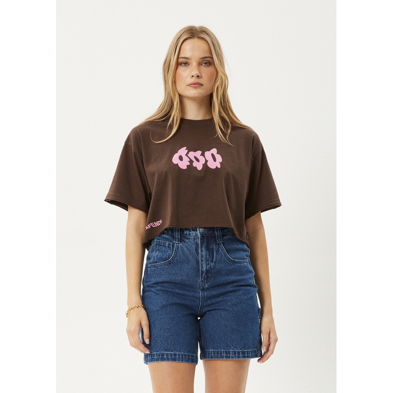 AFENDS Womens Alohaz – Slay Cropped Tee – Coffee