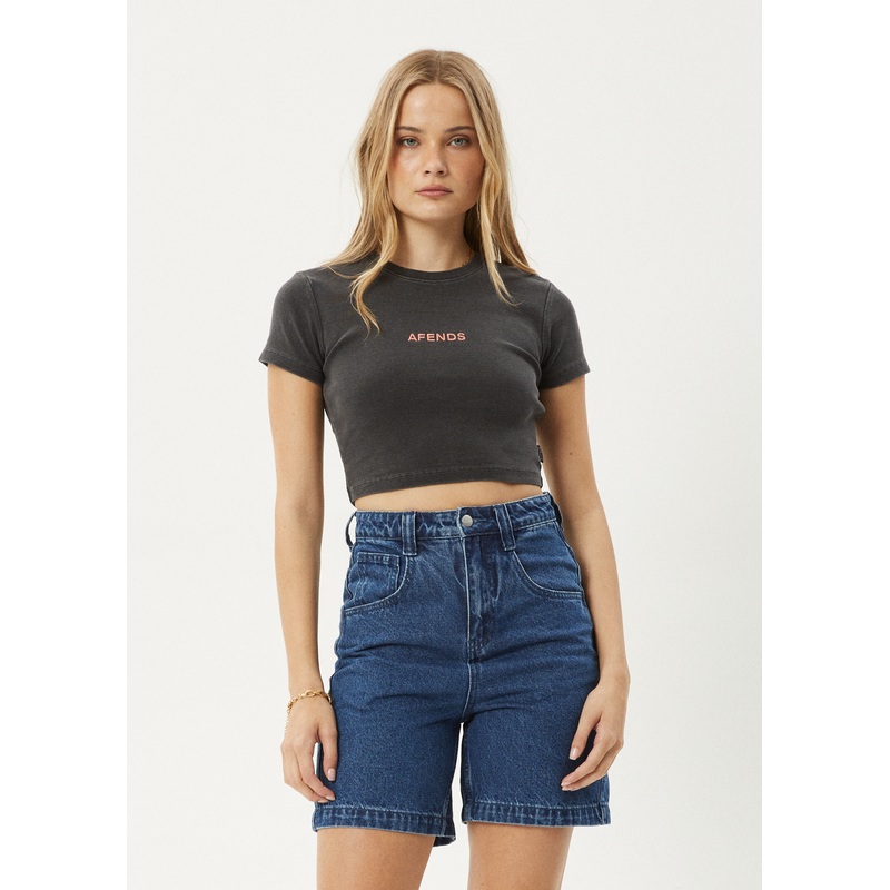 AFENDS Womens Dillon Abbie – Rib Cropped Tee – Stone Black