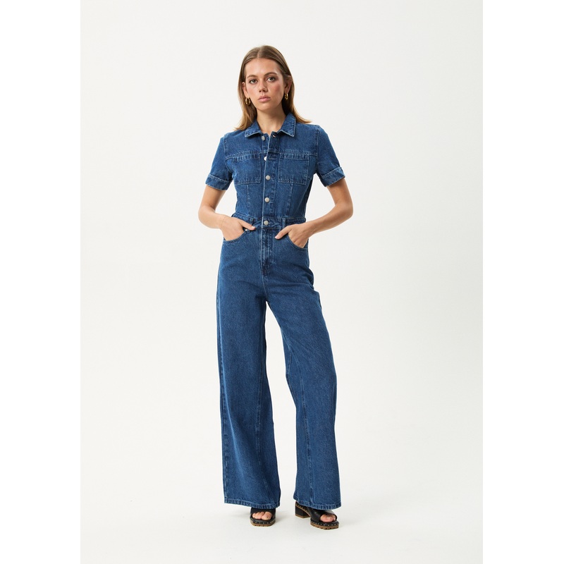 AFENDS Womens Miami – Denim Flared Jumpsuit – Authentic Blue