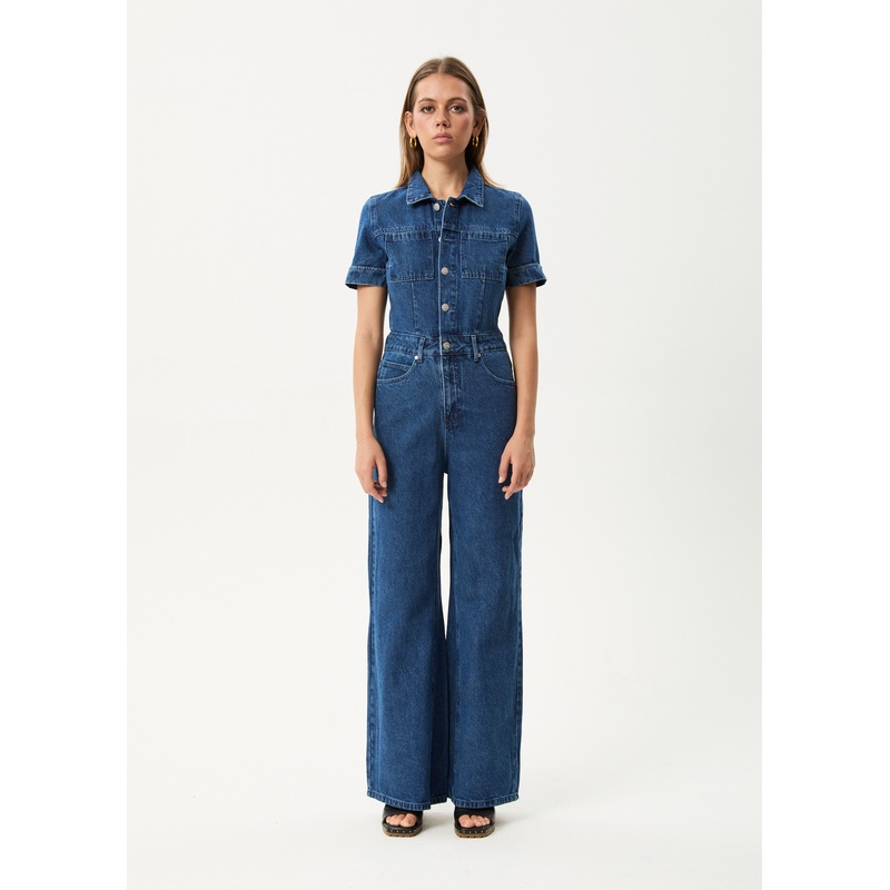AFENDS Womens Miami – Denim Flared Jumpsuit – Authentic Blue