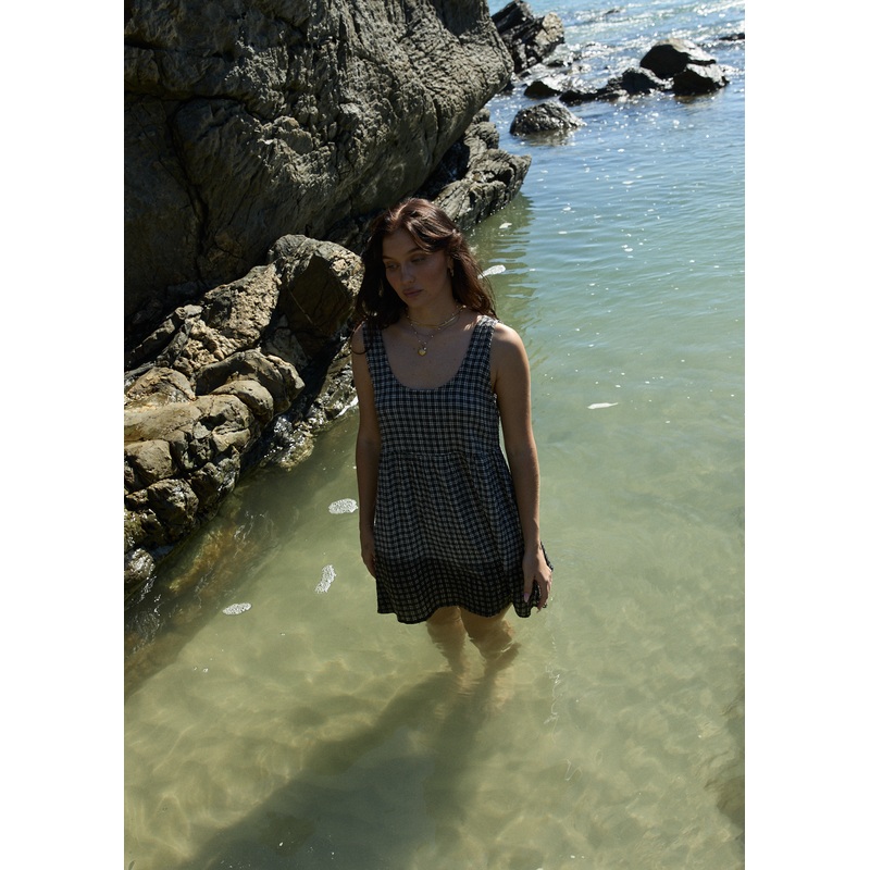 AFENDS Womens Asta Jesse – Seersucker Mini Dress – Steel Check