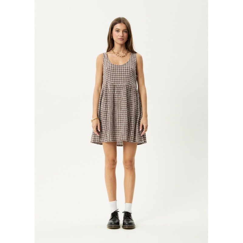 AFENDS Womens Base Jesse – Seersucker Mini Dress – Coffee Check
