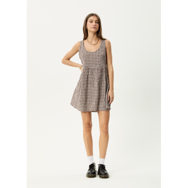AFENDS Womens Base Jesse – Seersucker Mini Dress – Coffee Check