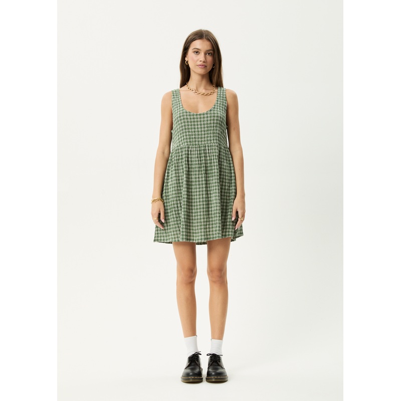 AFENDS Womens Base Jesse – Seersucker Mini Dress – Deep Green Check