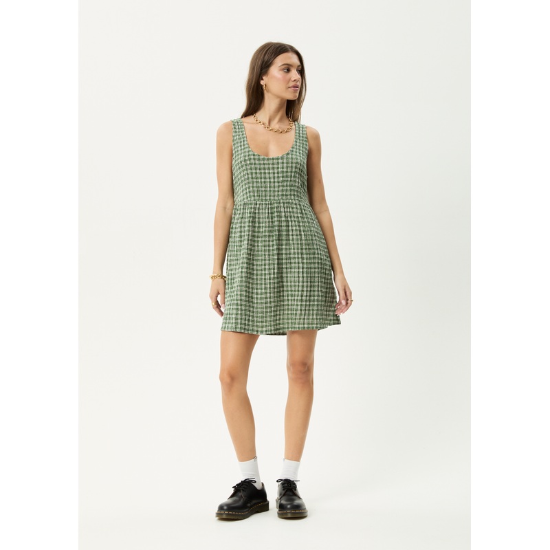 AFENDS Womens Base Jesse – Seersucker Mini Dress – Deep Green Check