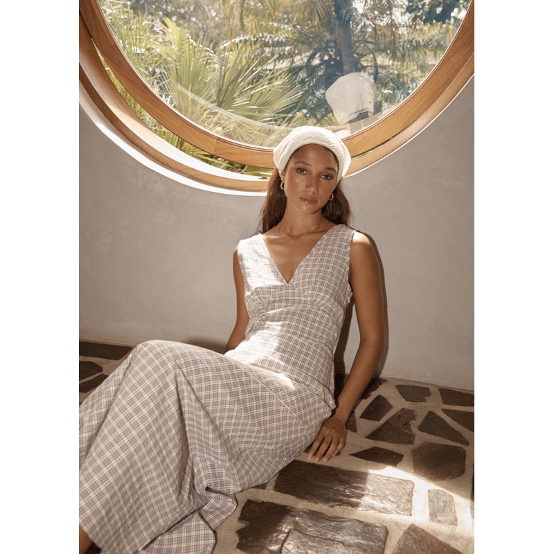 AFENDS Womens Drew – Seersucker Maxi Dress – Taupe Check