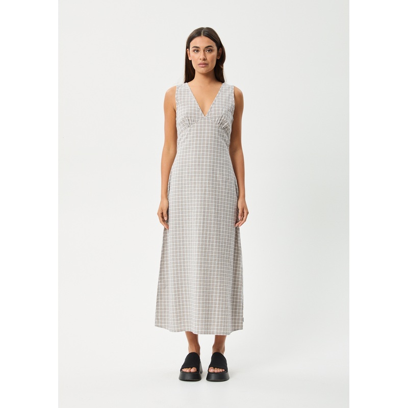 AFENDS Womens Drew – Seersucker Maxi Dress – Taupe Check