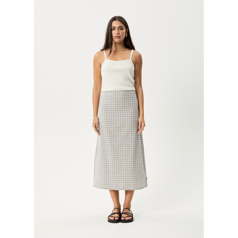 AFENDS Womens Drew – Seersucker Midi Skirt – Taupe Check