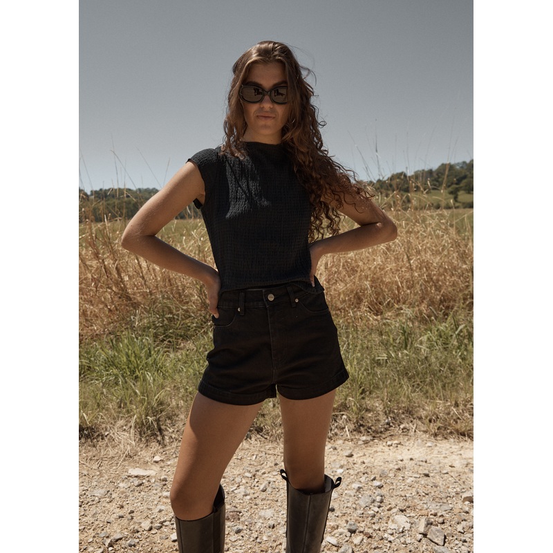 AFENDS Womens Focus – Seersucker Mock Neck Top – Black