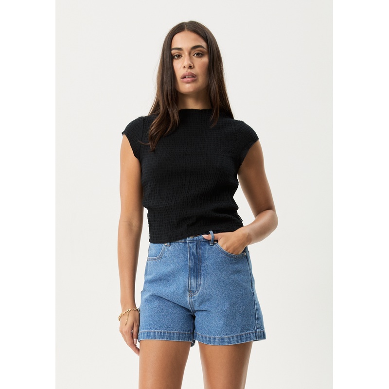 AFENDS Womens Focus – Seersucker Mock Neck Top – Black