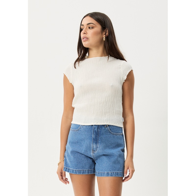 AFENDS Womens Focus – Seersucker Mock Neck Top – Off White