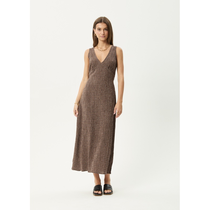AFENDS Womens Hometown – Seersucker Maxi Dress – Coffee
