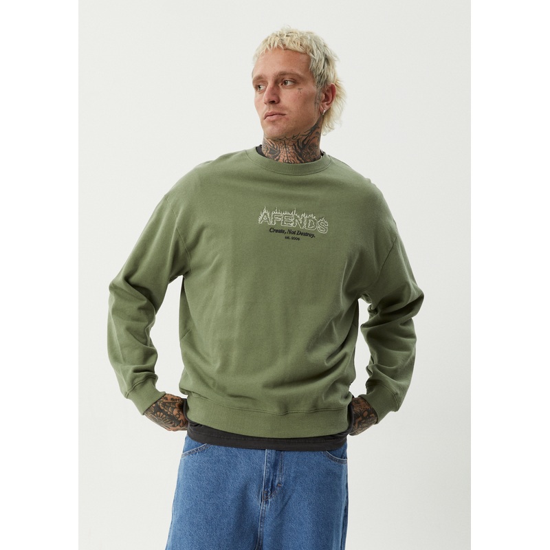 AFENDS Mens Ember – Crew Neck Jumper – Oil Green