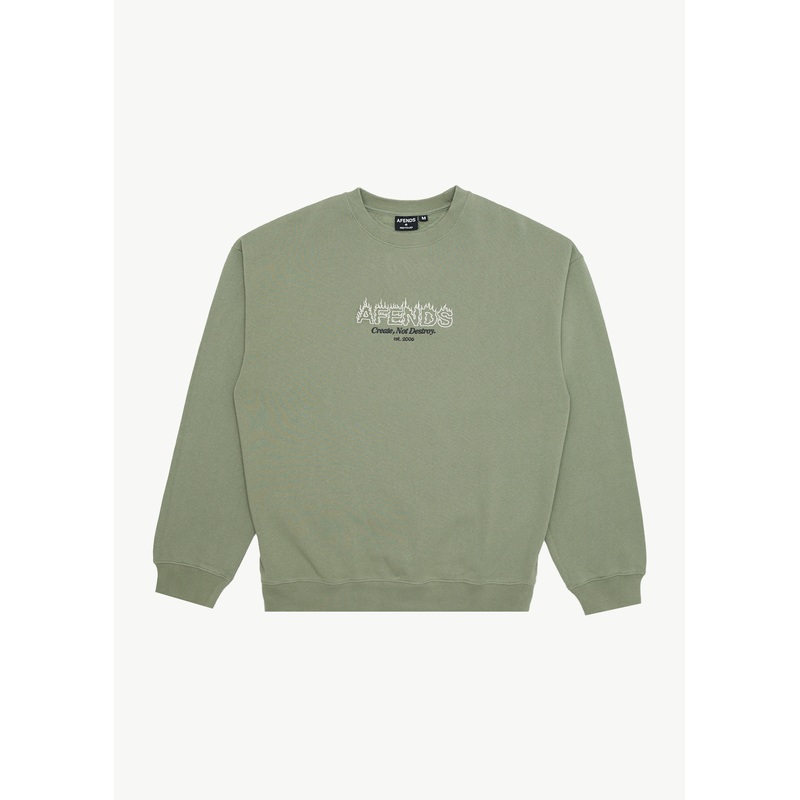 AFENDS Mens Ember – Crew Neck Jumper – Oil Green