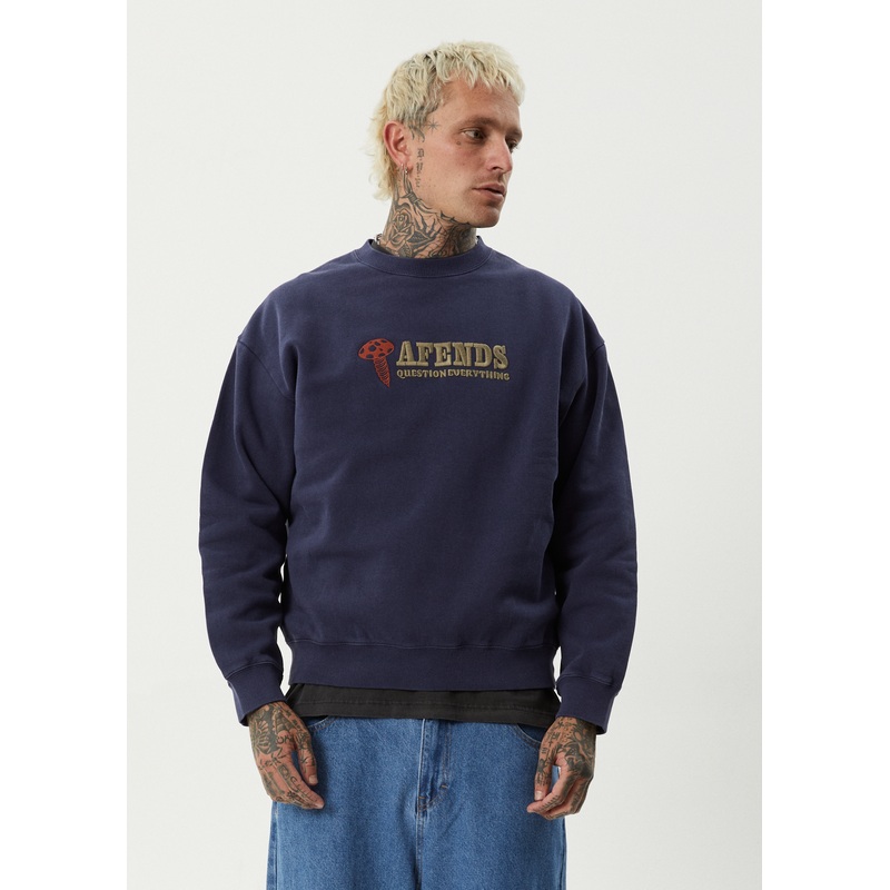 AFENDS Mens Nuts N Bolts – Crew Neck Jumper – Washed Deep Sea