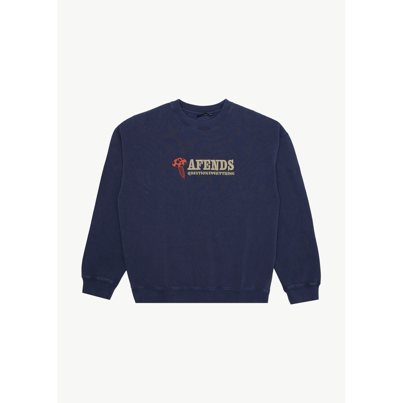 AFENDS Mens Nuts N Bolts – Crew Neck Jumper – Washed Deep Sea