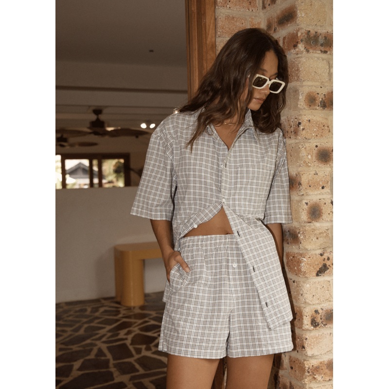 AFENDS Womens Drew – Seersucker Boxer Short – Taupe Check