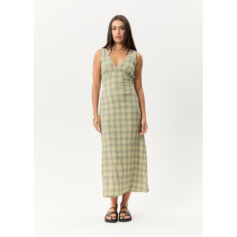 AFENDS Womens Position – Seersucker Maxi Dress – Green Check