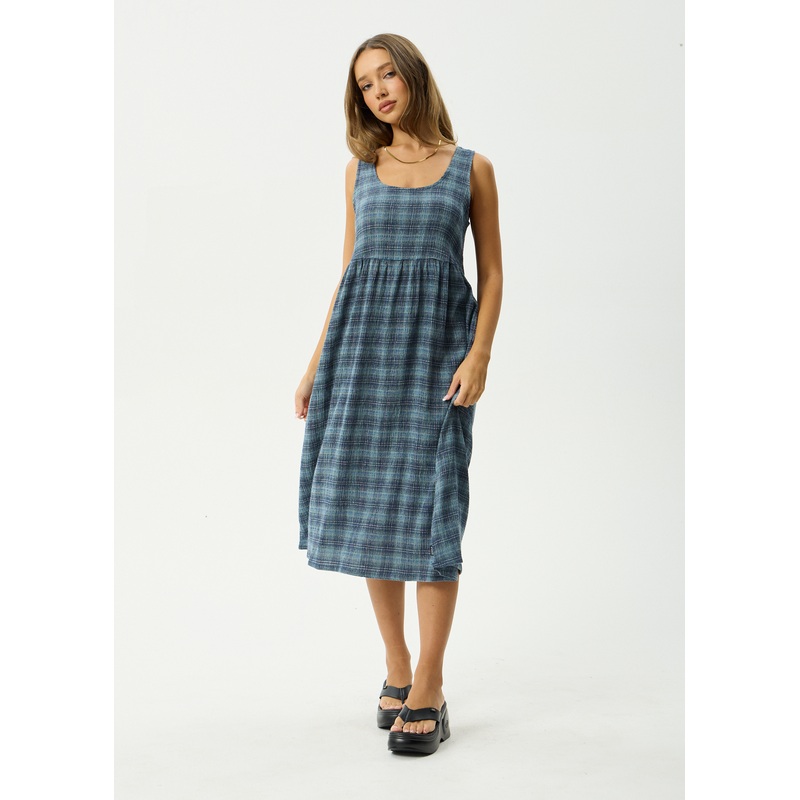AFENDS Womens Position – Seersucker Midi Dress – Navy Check