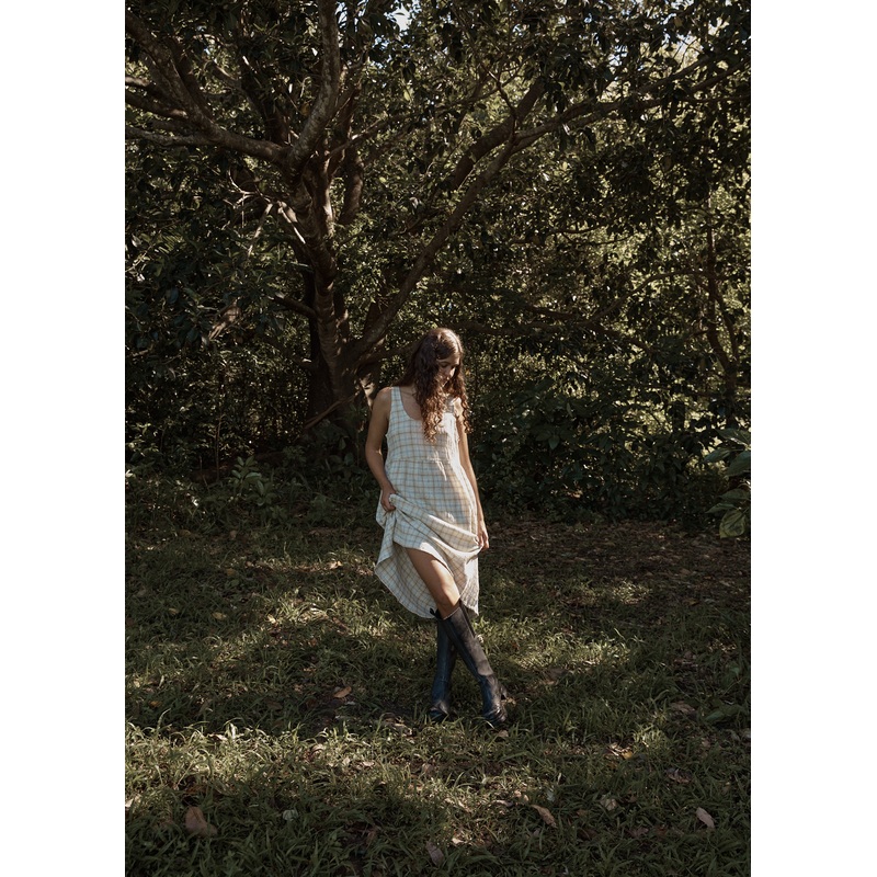 AFENDS Womens Position – Seersucker Midi Dress – Tan Check