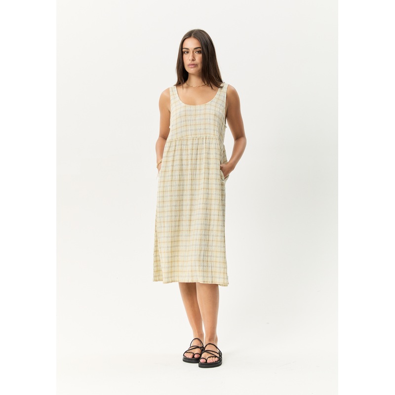 AFENDS Womens Position – Seersucker Midi Dress – Tan Check