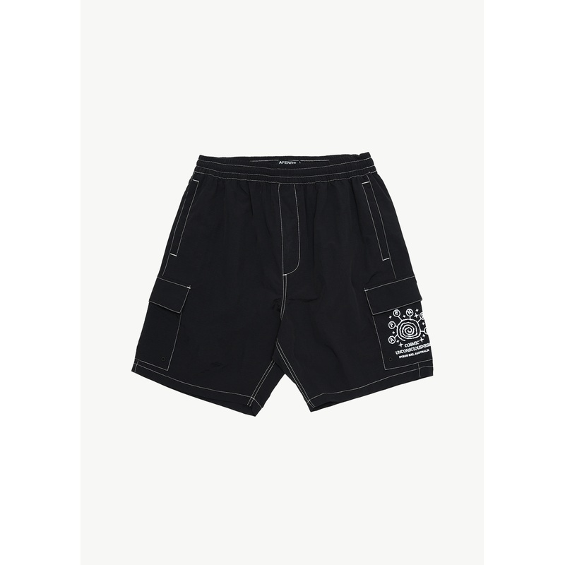 AFENDS Mens Cosmic – Cargo Baywatch Swim Short 18 – Black