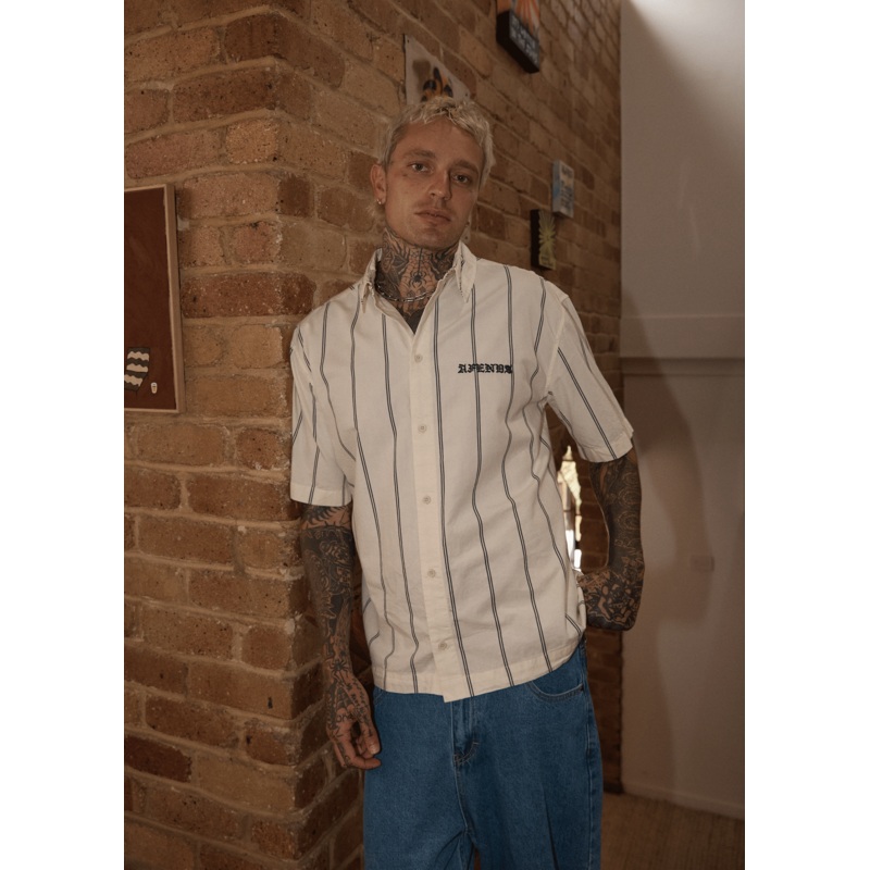 AFENDS Mens Fineline – Short Sleeve Shirt – Limestone